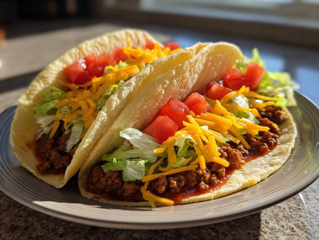 Two Smash Burger Tacos filled with ground beef, lettuce, cheese, and tomatoes on a plate.