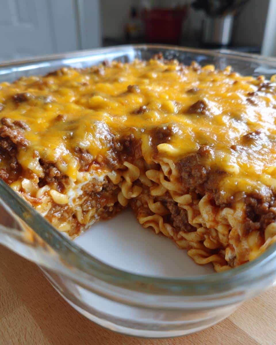 Devastating Sour Cream Beef Noodle Casserole in 45 Min 7 Close-up of Sour Cream Beef Noodle Casserole in a glass baking dish, showing layers of noodles, beef, and cheese.