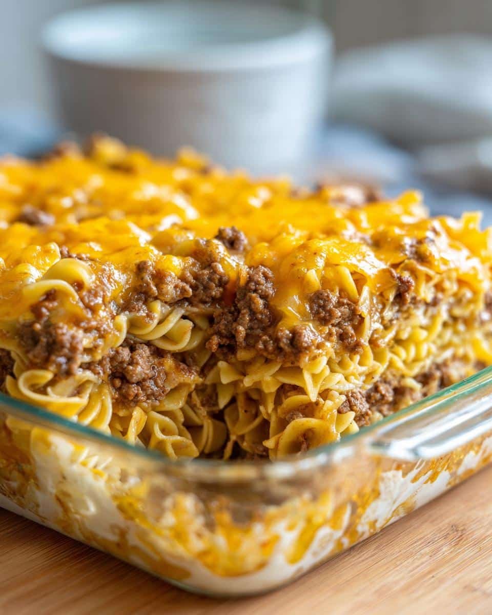 Devastating Sour Cream Beef Noodle Casserole in 45 Min 9 Close-up of a cheesy Sour Cream Beef Noodle Casserole in a glass baking dish, showing layers of noodles, beef, and cheese.