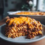 A slice of Sour Cream Beef Noodle Casserole, topped with melted cheese, on a plate.