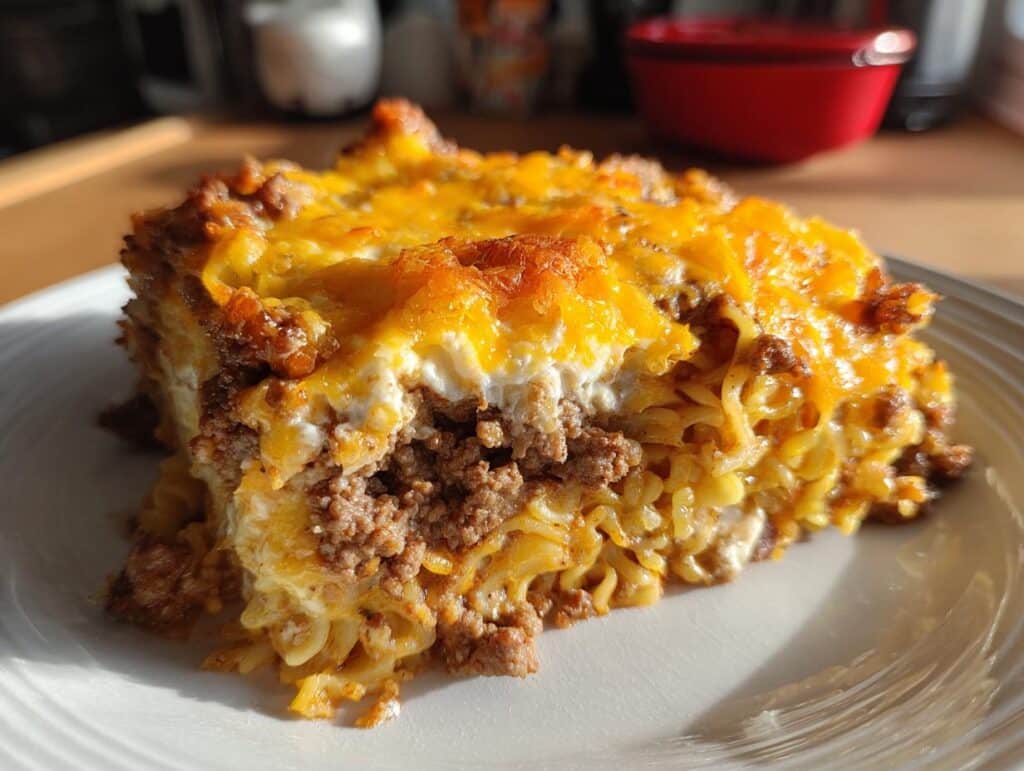 A slice of Sour Cream Beef Noodle Casserole with layers of noodles, beef, sour cream, and melted cheese.