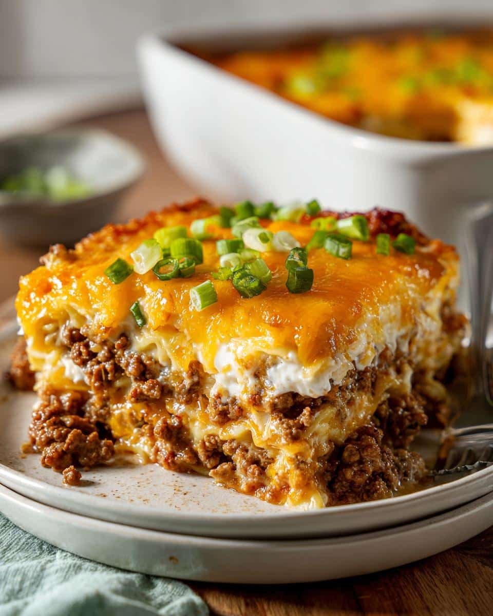 Devastating Sour Cream Beef Noodle Casserole in 45 Min 8 A slice of Sour Cream Beef Noodle Casserole with layers of beef, noodles, sour cream, and cheese, garnished with green onions.