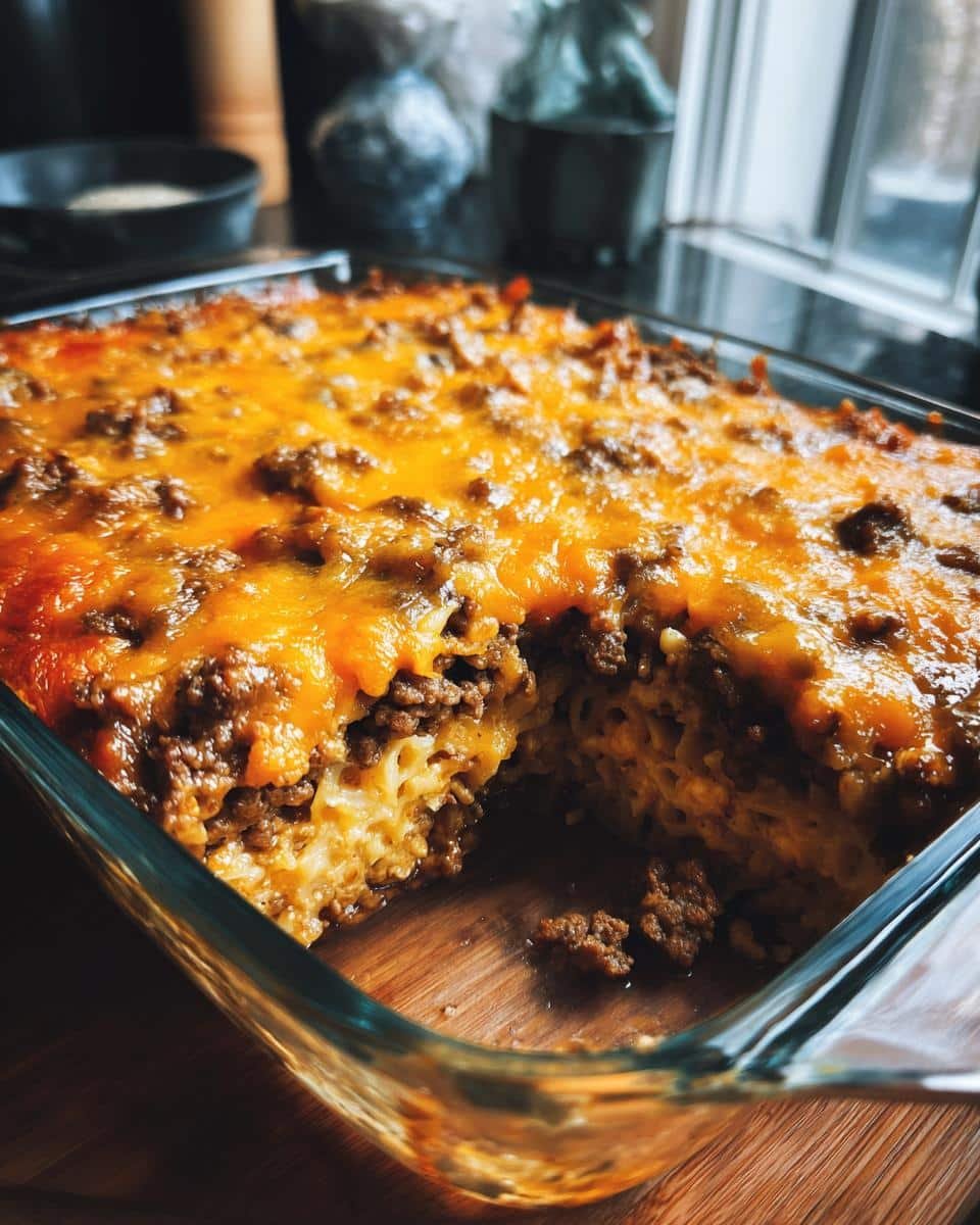 Devastating Sour Cream Beef Noodle Casserole in 45 Min 6 A freshly baked Sour Cream Beef Noodle Casserole in a glass baking dish, showing the layers of noodles, beef, and melted cheese.