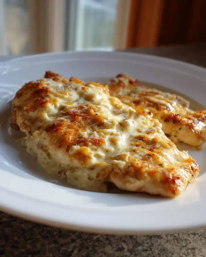 Unbelievably Easy Sour Cream and Onion Chicken in 40 6 Two pieces of Sour Cream and Onion Chicken on a white plate, golden brown and bubbly.