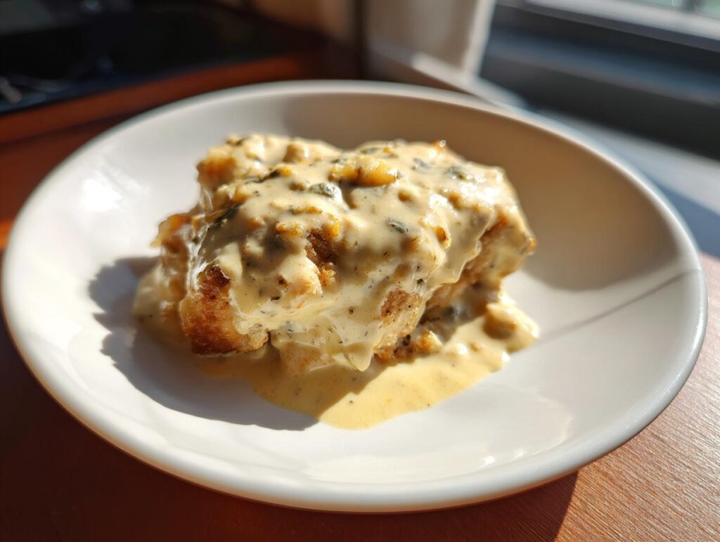 Close-up of Sour Cream and Onion Chicken on a white plate, featuring a creamy sauce and golden-brown chicken.