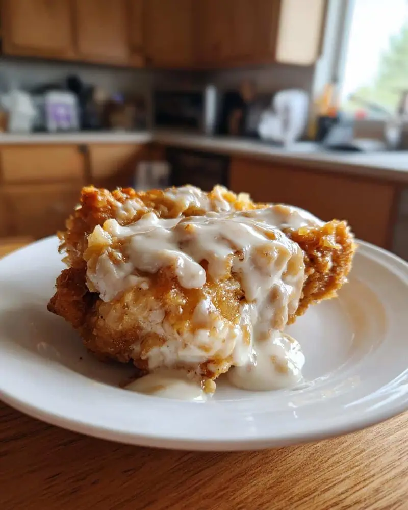 Unbelievably Easy Sour Cream and Onion Chicken in 40 7 A serving of Sour Cream and Onion Chicken on a white plate, drizzled with creamy sauce.