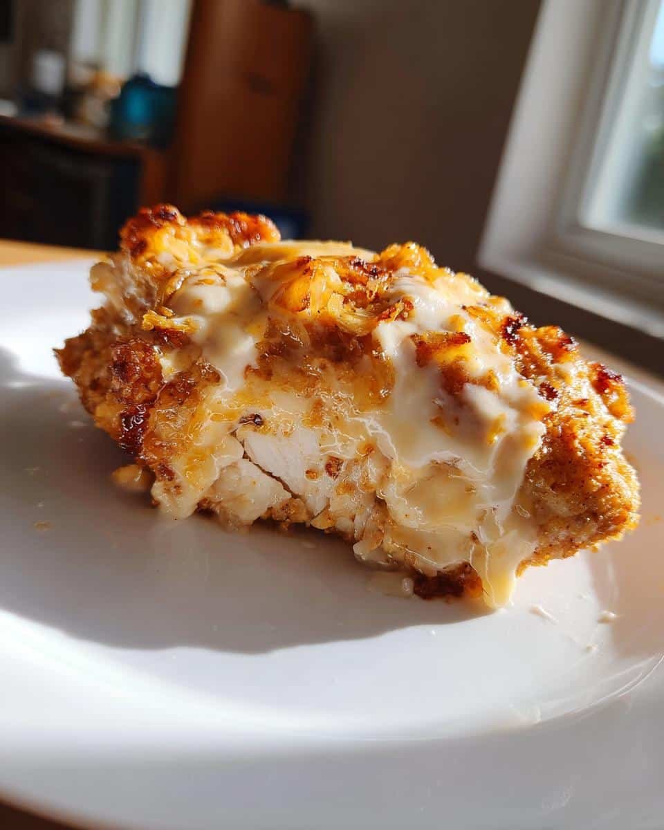Unbelievably Easy Sour Cream and Onion Chicken in 40 8 A serving of Sour Cream and Onion Chicken on a white plate, showcasing the creamy sauce and crispy topping.