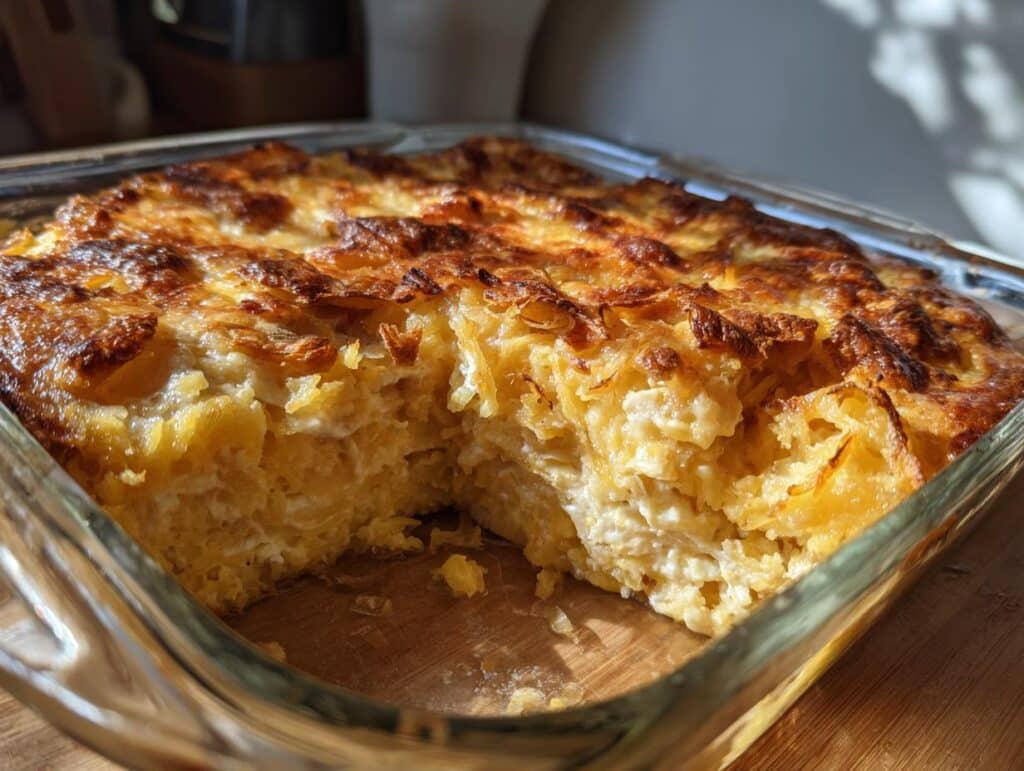 Close up of cheesy spaghetti squash au gratin in a glass baking dish.