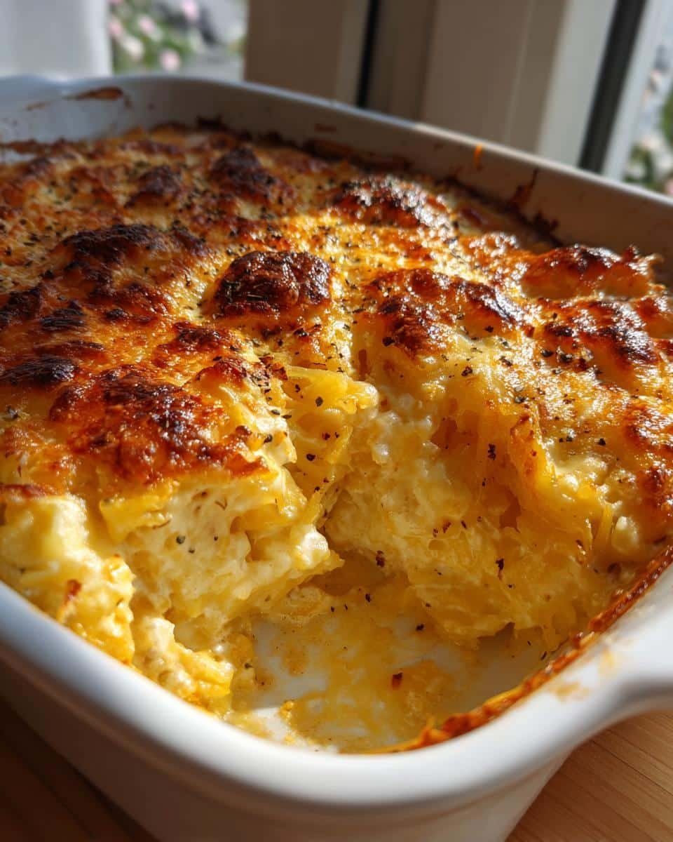 Unbelievably Cheesy Spaghetti Squash Au Gratin Recipe 9 Close-up of cheesy spaghetti squash au gratin in a white baking dish, golden brown and bubbly.