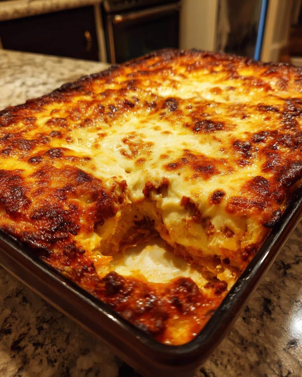 Cheesy Spaghetti Squash Au Gratin: An Unforgivable Dish 7 Close-up of a cheesy Spaghetti Squash Au Gratin casserole in a baking dish, with a portion removed.