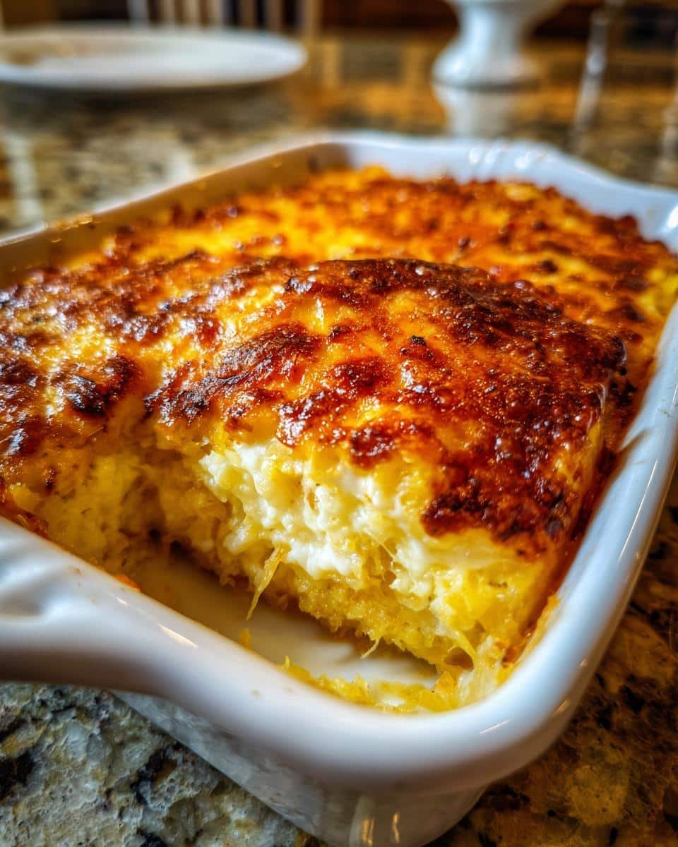 Cheesy Spaghetti Squash Au Gratin: An Unforgivable Dish 6 Close-up of a cheesy Spaghetti Squash Au Gratin casserole in a white baking dish.