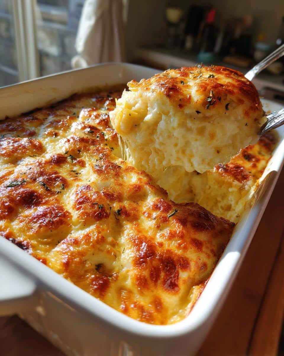 Unbelievably Cheesy Spaghetti Squash Au Gratin Recipe 6 A serving spoon lifts a portion of cheesy spaghetti squash au gratin from a baking dish.