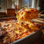A spoonful of cheesy Spaghetti Squash Au Gratin is lifted from a baking dish, with melted cheese dripping down.