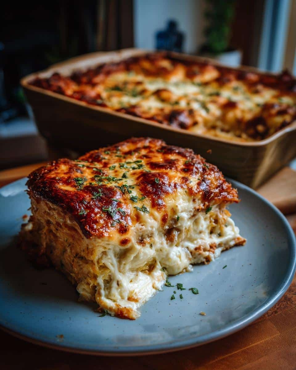 Cheesy Spaghetti Squash Au Gratin: An Unforgivable Dish 9 A slice of cheesy Spaghetti Squash Au Gratin on a plate, with the baking dish in the background.