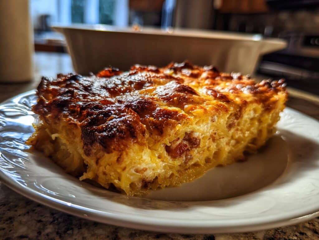 A slice of golden brown Spaghetti Squash Au Gratin on a white plate, showcasing the cheesy topping.