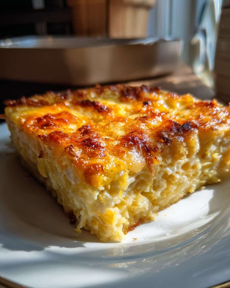 Unbelievably Cheesy Spaghetti Squash Au Gratin Recipe 7 A slice of cheesy spaghetti squash au gratin with a golden-brown crust. Fresh Spinach Strawberry Salad not shown.