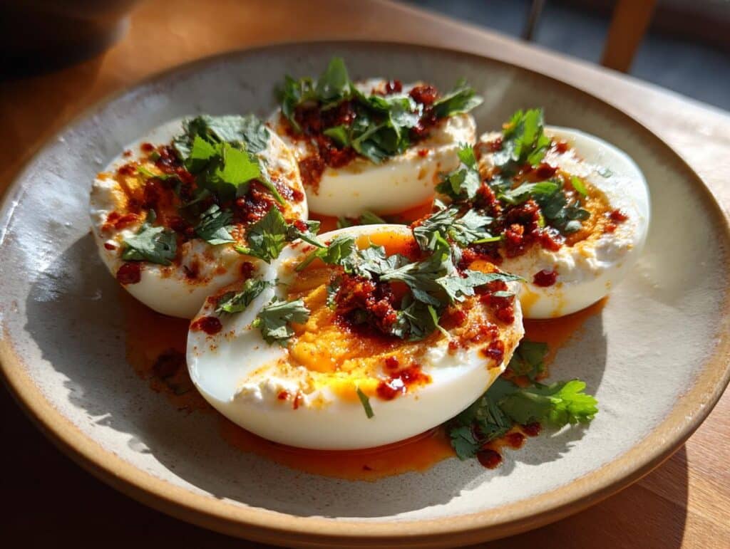 Four Spicy Harissa Eggs With Creamy Whipped Goat Cheese halves on a plate, garnished with parsley.