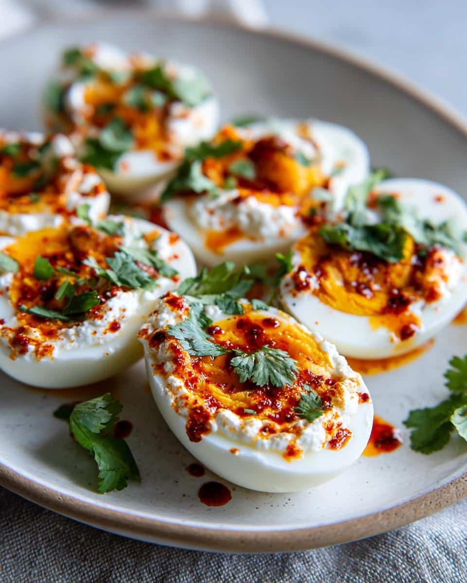 Spicy Harissa Eggs: Insanely Delicious in Just 10 Min 6 Plate of Spicy Harissa Eggs With Creamy Whipped Goat Cheese, garnished with cilantro.