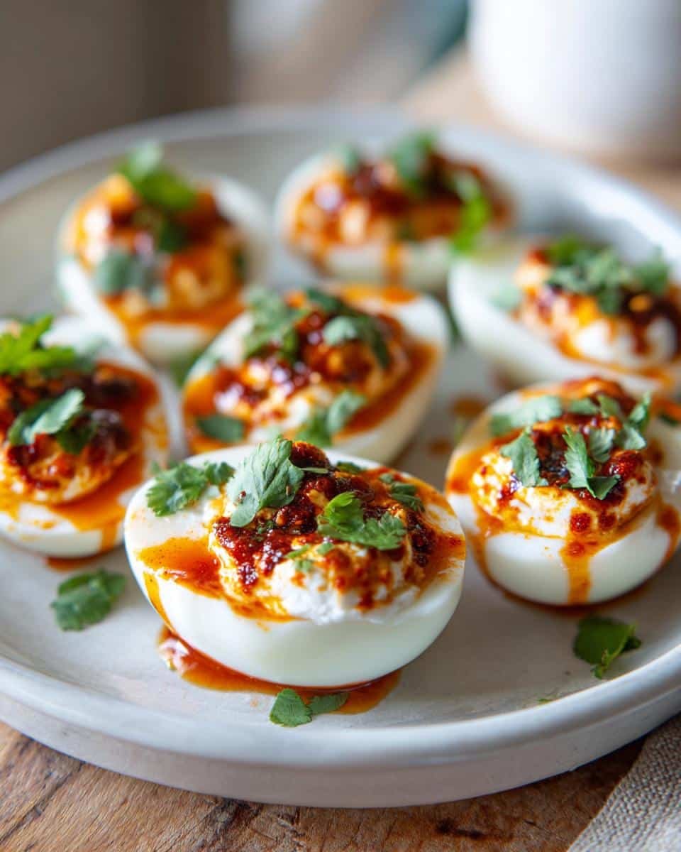 Spicy Harissa Eggs: Insanely Delicious in Just 10 Min 7 Close up of Spicy Harissa Eggs with Creamy Whipped Goat Cheese, garnished with cilantro.