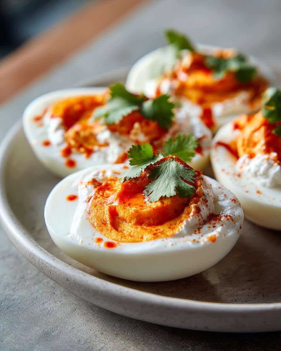 Spicy Harissa Eggs: Insanely Delicious in Just 10 Min 8 Close-up of Spicy Harissa Eggs with Creamy Whipped Goat Cheese, garnished with cilantro.