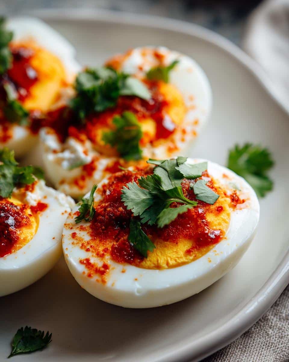 Spicy Harissa Eggs: Insanely Delicious in Just 10 Min 9 Close-up of Spicy Harissa Eggs with Creamy Whipped Goat Cheese, topped with fresh cilantro.