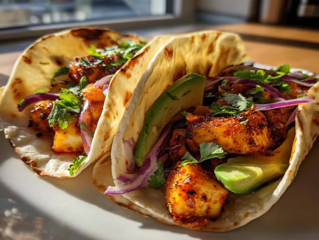 Two Spicy Honey Halloumi Tacos filled with halloumi, avocado, red onion, and cilantro on a white plate.