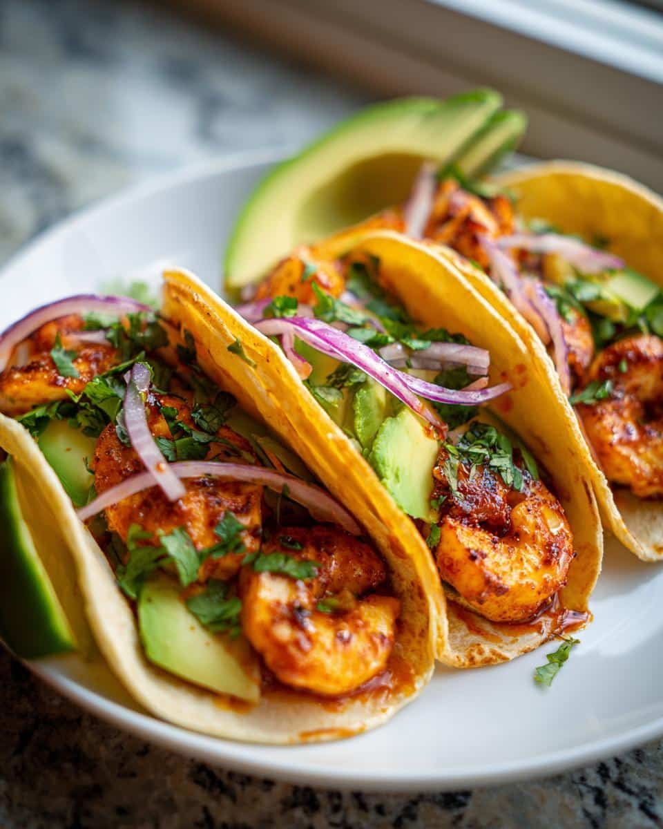 Irresistible Spicy Honey Halloumi Tacos in Just 20 Mins 6 Three Spicy Honey Halloumi Tacos on a plate, garnished with avocado, red onion, and cilantro.
