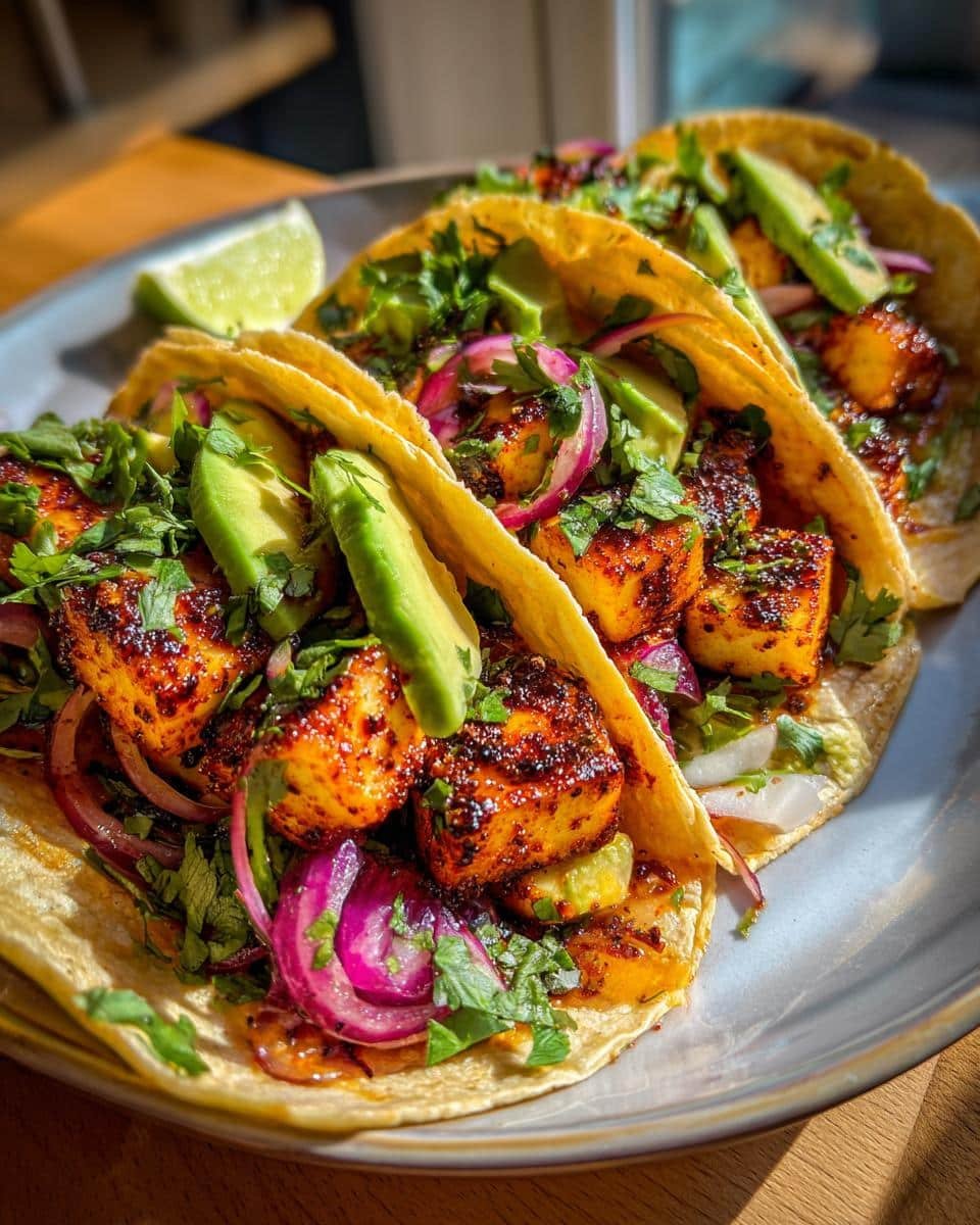 Irresistible Spicy Honey Halloumi Tacos in Just 20 Mins 7 Three Spicy Honey Halloumi Tacos on a plate, topped with avocado, red onion, and cilantro.