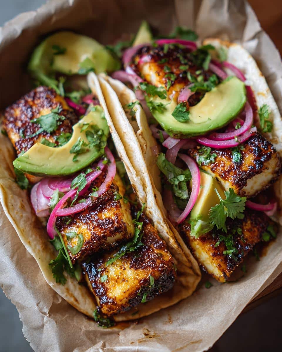 Irresistible Spicy Honey Halloumi Tacos in Just 20 Mins 8 Two delicious Spicy Honey Halloumi Tacos with avocado, red onion, and cilantro in tortillas.