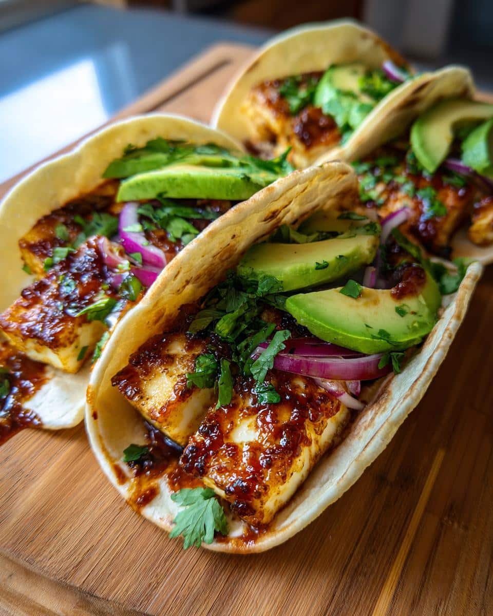 Irresistible Spicy Honey Halloumi Tacos in Just 20 Mins 9 Three Spicy Honey Halloumi Tacos topped with avocado, red onion, and cilantro on a wooden board.