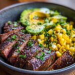 Close-up of a Steak Avocado Corn Bowl, featuring sliced steak, avocado, and corn with herbs.