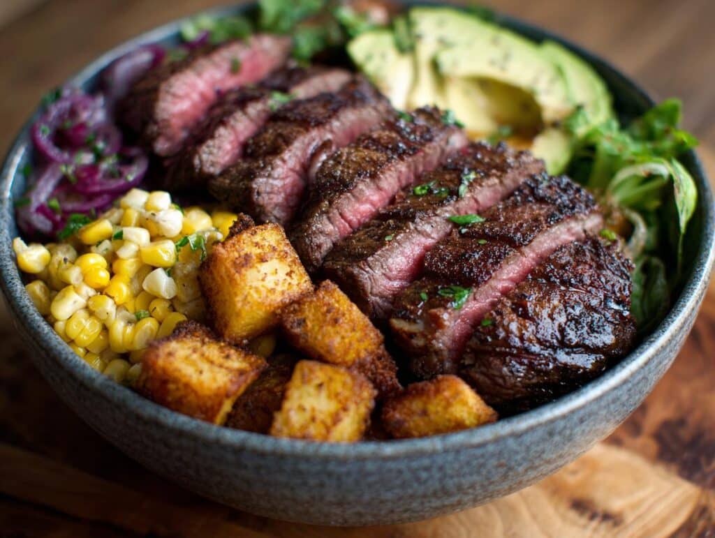 Close-up of a vibrant Steak Avocado Corn Bowl with sliced steak, corn, avocado, and red onions.