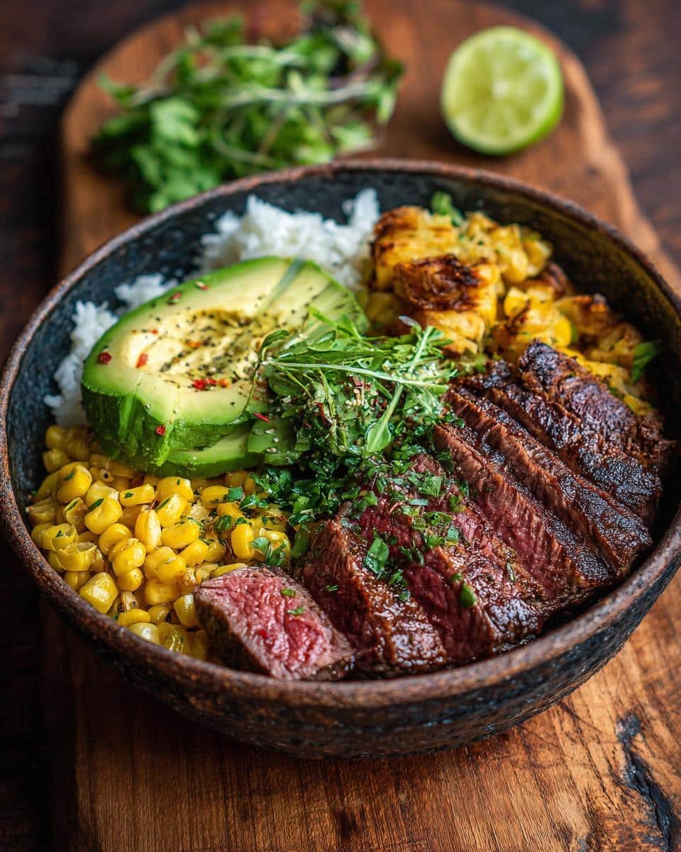 Unbelievable Steak Avocado Corn Bowl in Just 25 Minutes 6 A vibrant Steak Avocado Corn Bowl featuring sliced steak, avocado, corn, and rice in a rustic bowl.