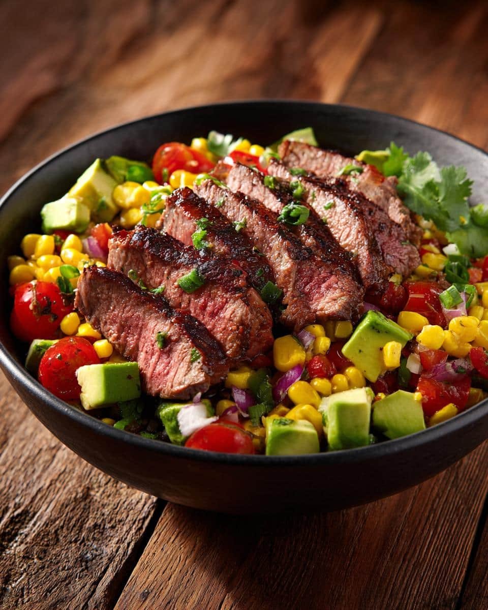 Unbelievable Steak Avocado Corn Bowl in Just 25 Minutes 7 Close-up of a Steak Avocado Corn Bowl featuring sliced steak, avocado, corn, tomatoes, and cilantro.