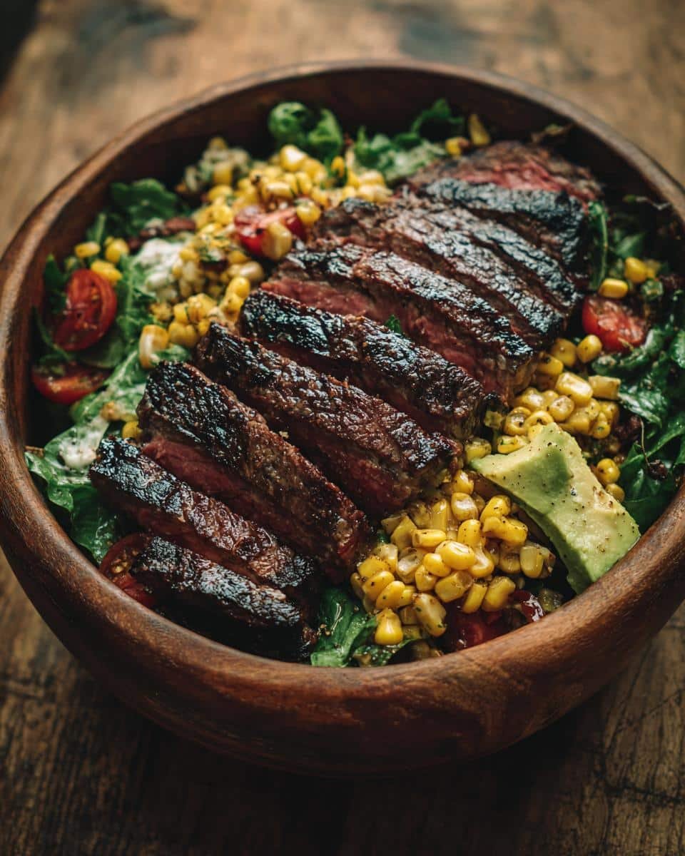 Unbelievable Steak Avocado Corn Bowl in Just 25 Minutes 8 A vibrant Steak Avocado Corn Bowl featuring sliced steak, corn, avocado, and greens in a wooden bowl.