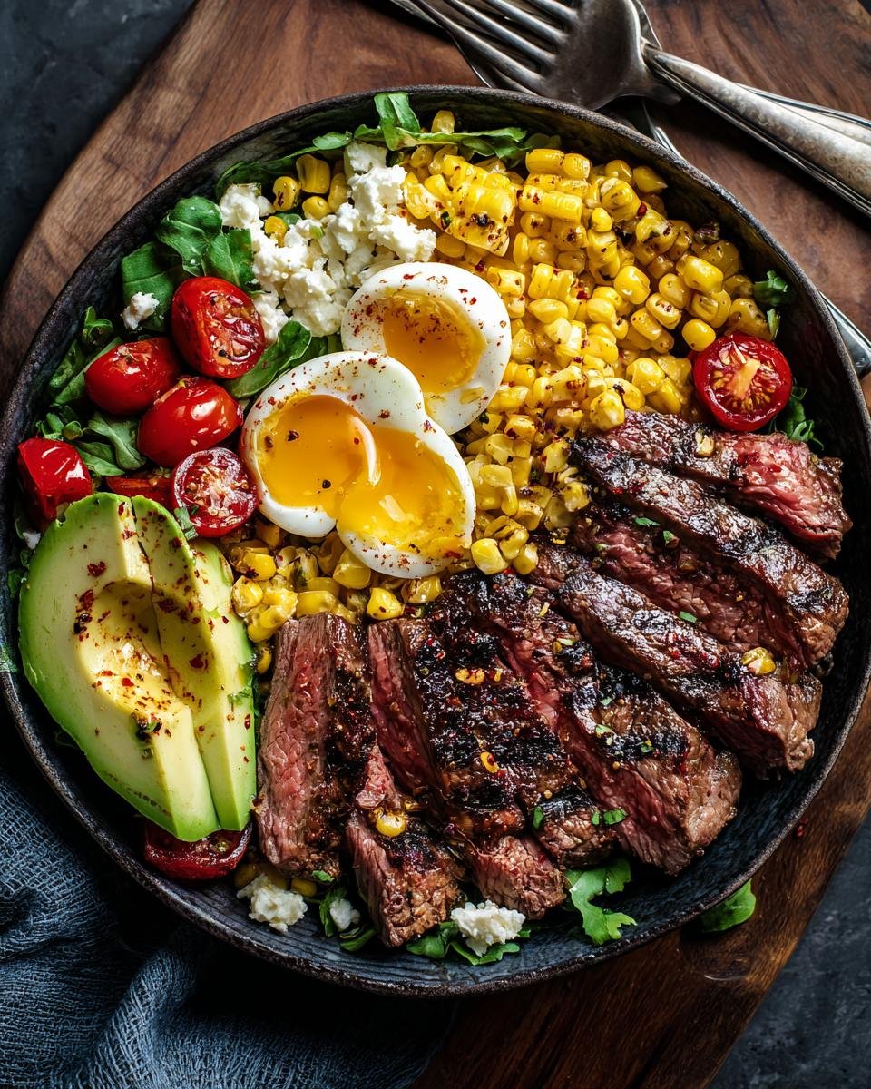 Unbelievable Steak Avocado Corn Bowl in Just 25 Minutes 9 Overhead shot of a vibrant Steak Avocado Corn Bowl with sliced steak, avocado, corn, tomatoes, and a soft boiled egg.