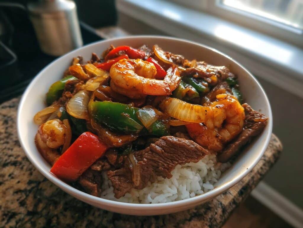 A bowl of Steak and Shrimp Stir Fry served over rice, featuring colorful peppers and onions.