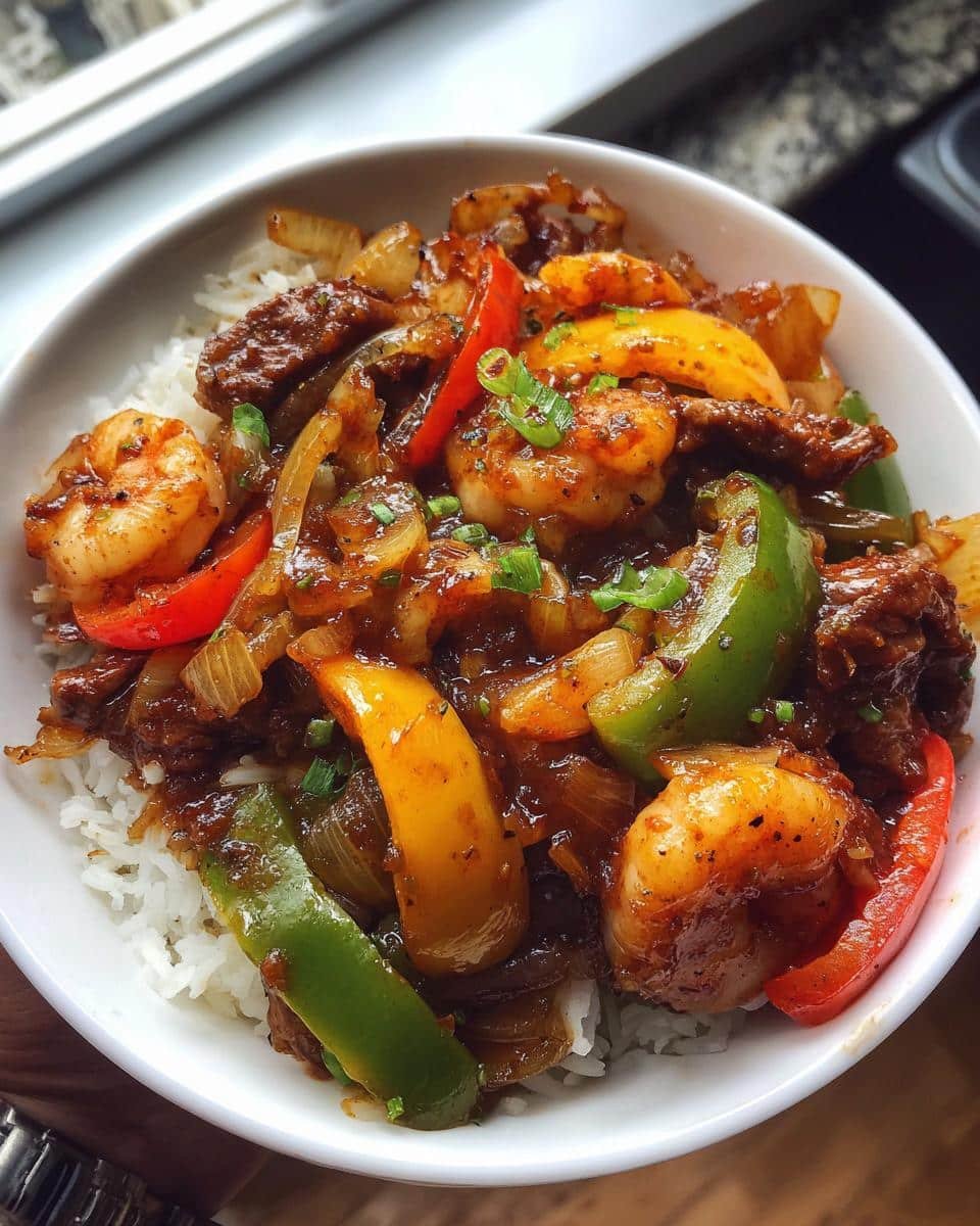 Devastatingly Delicious Steak and Shrimp Stir Fry in 30 6 A bowl of Steak and Shrimp Stir Fry with colorful bell peppers, onions, and a savory sauce, served over rice.