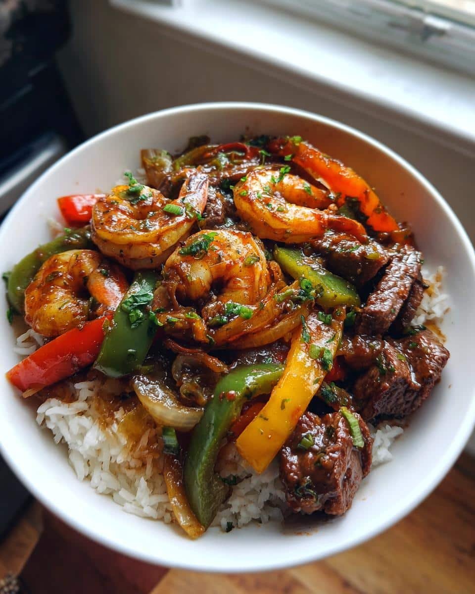 Devastatingly Delicious Steak and Shrimp Stir Fry in 30 7 A bowl of Steak and Shrimp Stir Fry with peppers, onions, and rice, garnished with fresh herbs.