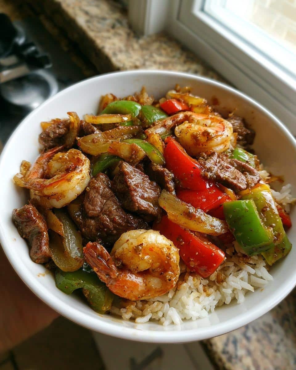 Devastatingly Delicious Steak and Shrimp Stir Fry in 30 8 A bowl of Steak and Shrimp Stir Fry with peppers and onions served over rice.