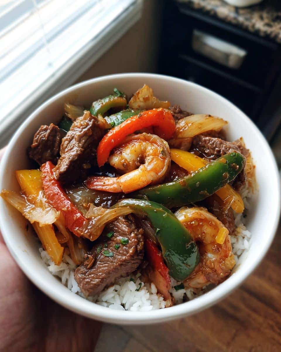Devastatingly Delicious Steak and Shrimp Stir Fry in 30 9 A bowl of Steak and Shrimp Stir Fry with rice, featuring colorful peppers and onions.