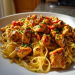 A plate of Sticky Smoky Garlic Butter Chicken Pasta, featuring linguine, chicken pieces, and herb garnish.
