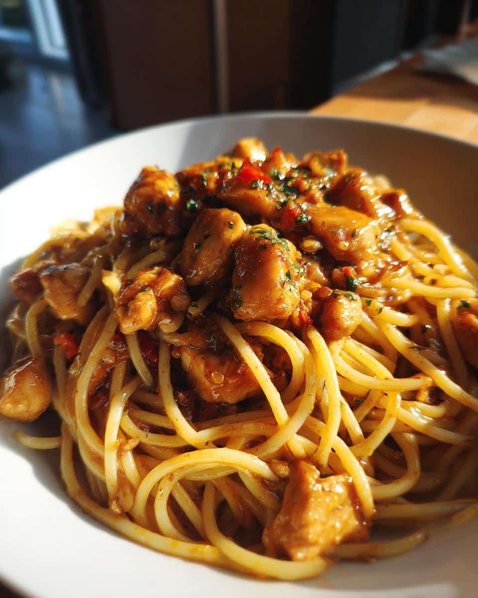 Irresistible Sticky Smoky Garlic Butter Chicken Pasta in 30 6 A bowl of Sticky Smoky Garlic Butter Chicken Pasta, featuring spaghetti and chicken in a rich, flavorful sauce.