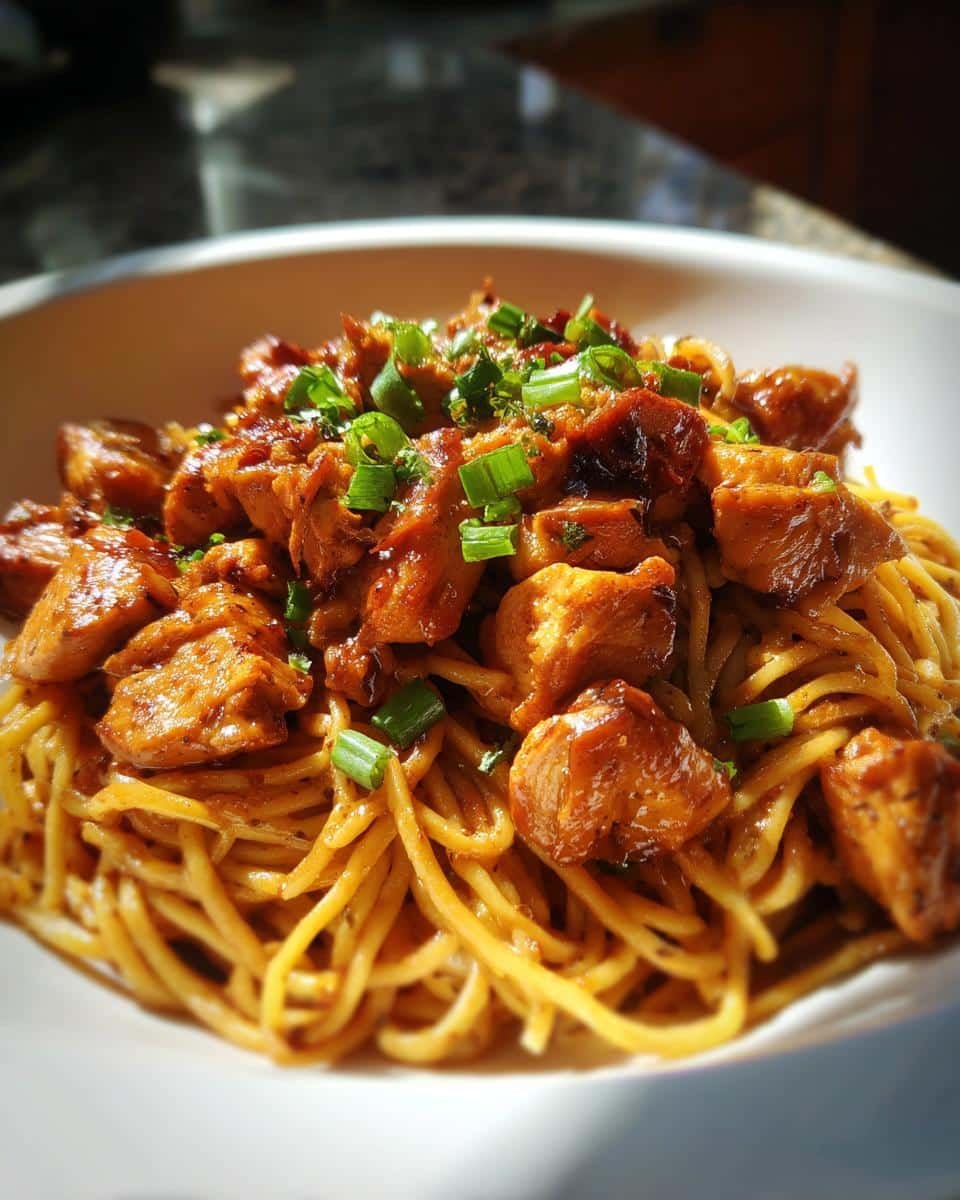 Irresistible Sticky Smoky Garlic Butter Chicken Pasta in 30 7 A bowl of Sticky Smoky Garlic Butter Chicken Pasta, garnished with fresh green onions.