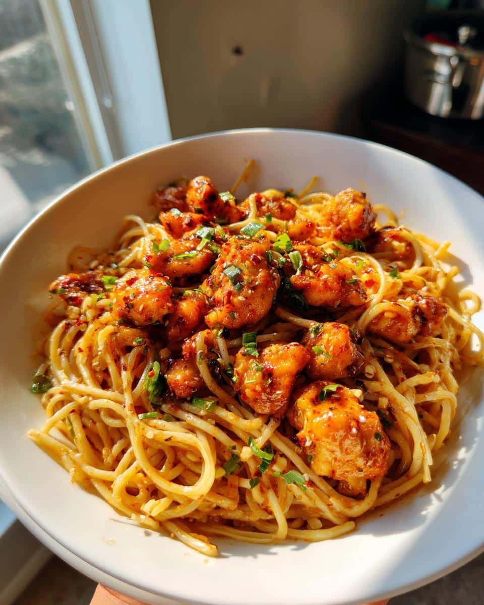 Irresistible Sticky Smoky Garlic Butter Chicken Pasta in 30 8 A bowl of Sticky Smoky Garlic Butter Chicken Pasta, garnished with green onions and red pepper flakes.