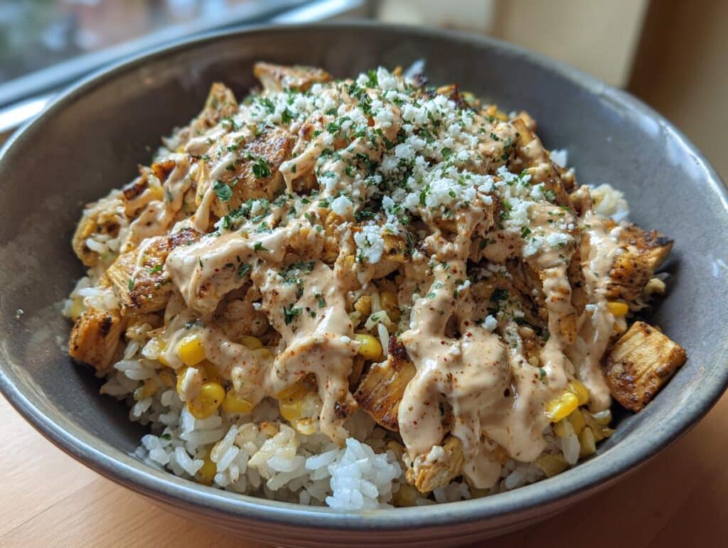 A delicious Street Corn Chicken Rice Bowl topped with a creamy sauce, cheese, and herbs.