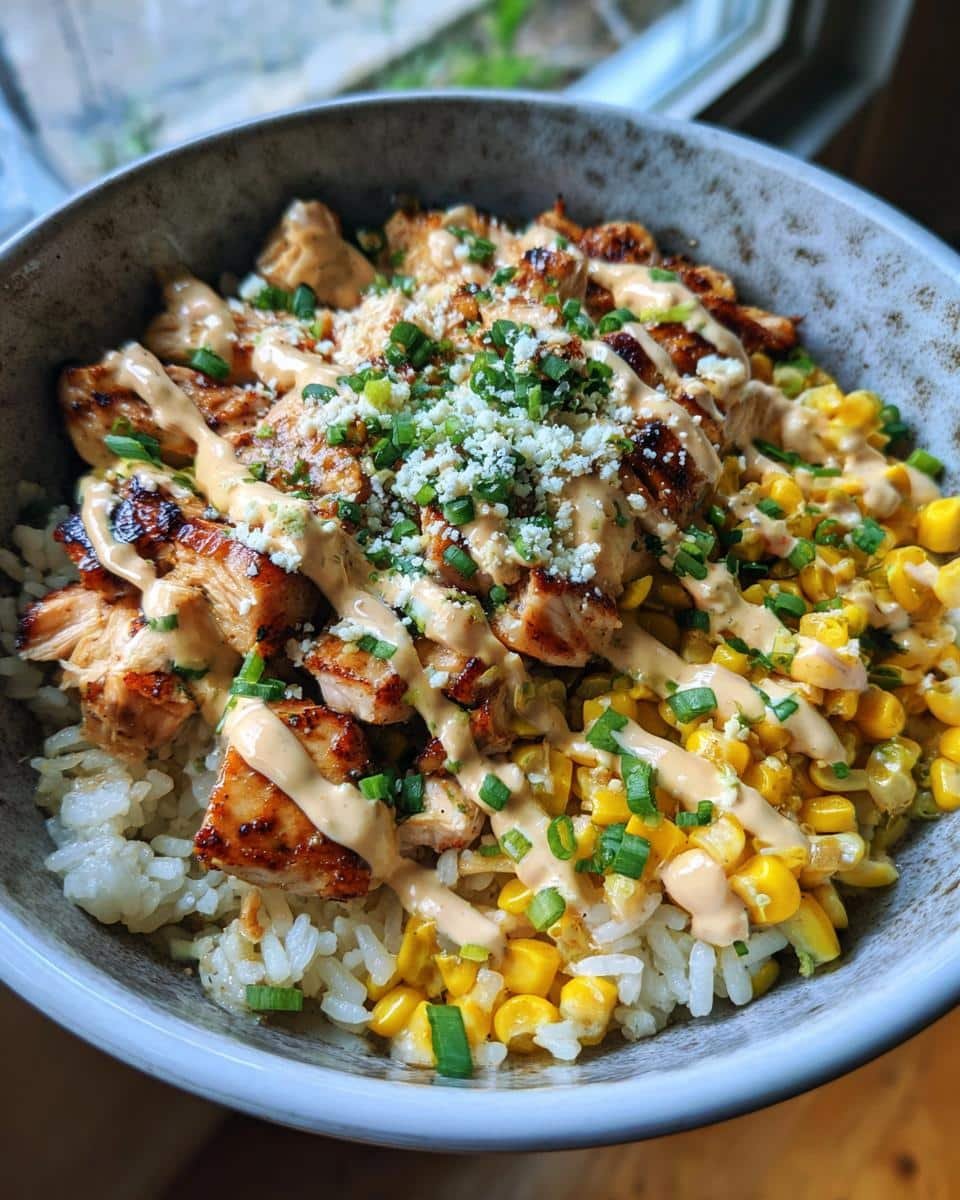 Street Corn Chicken Rice Bowl: Delicious 30-Minute Dinner 6 A delicious Street Corn Chicken Rice Bowl with grilled chicken, corn, rice, sauce and toppings.