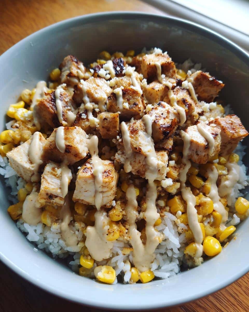 Street Corn Chicken Rice Bowl: Delicious 30-Minute Dinner 7 Overhead shot of a Street Corn Chicken Rice Bowl with rice, corn, chicken, sauce, and cheese.