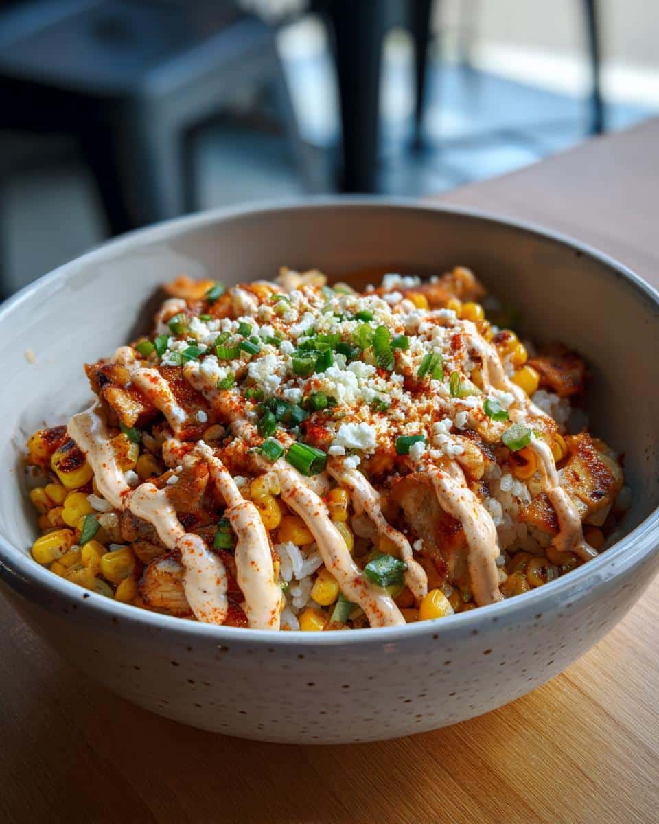 Street Corn Chicken Rice Bowl: Delicious 30-Minute Dinner 8 A delicious Street Corn Chicken Rice Bowl with grilled chicken, corn, rice, sauce, cheese, and green onions.