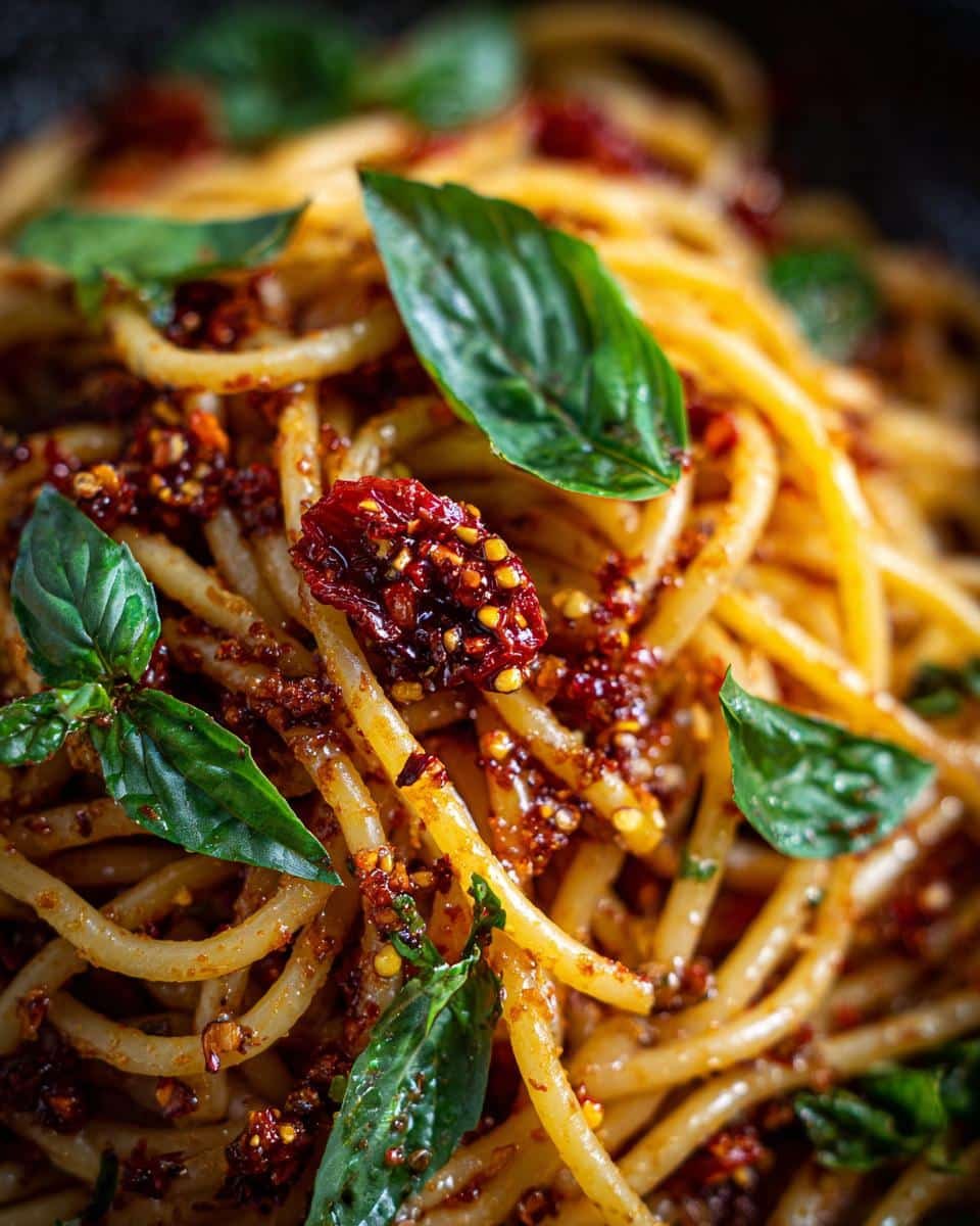 Summer Garden Pasta: 5 Glorious Veggie Minutes 7 Close-up of Summer Garden Pasta, featuring spaghetti with sun-dried tomatoes, chili flakes, and fresh basil leaves.